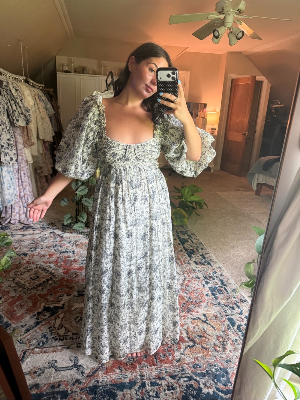 Floral Puff-Sleeve Maxi Dress in Cream and Gray